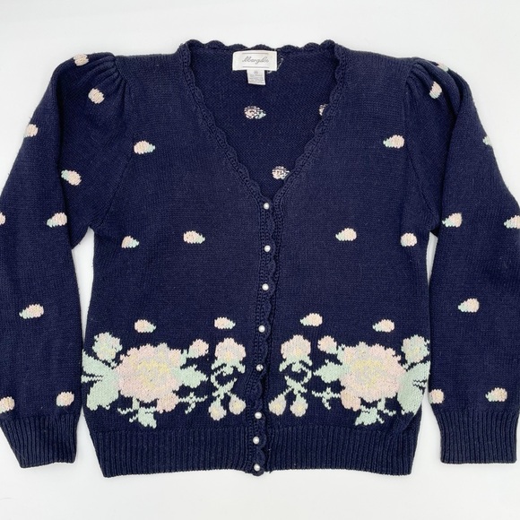 Vintage Margules Knit Cardigan Sweater Floral Embroidered Navy Blue Size Medium - Picture 2 of 8